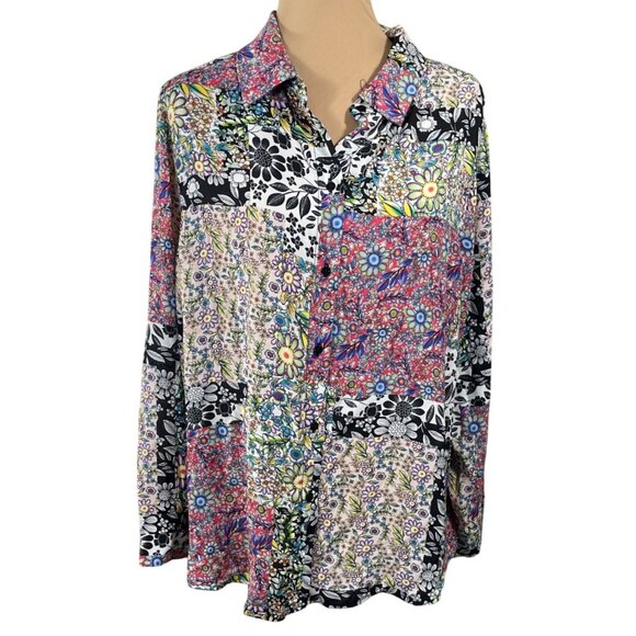 Jones NY Floral Patchwork Blouse Top Size 1X Button Front Collar Multi-Color - Picture 1 of 9